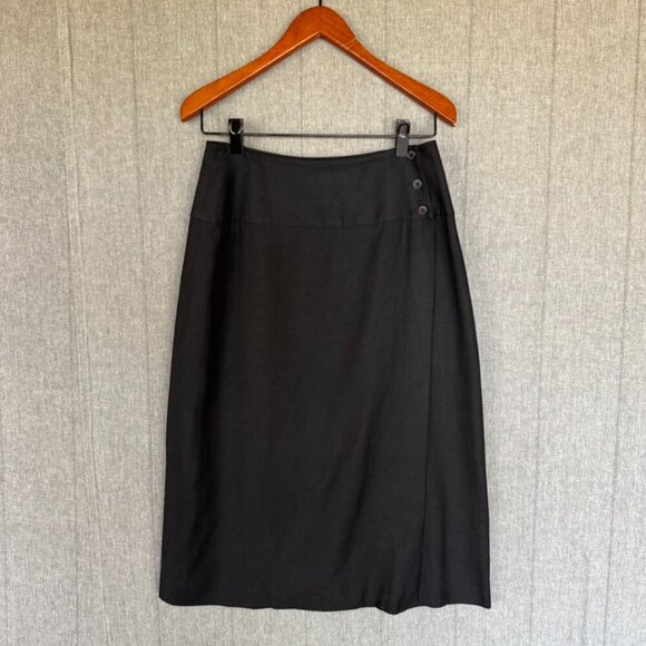 80s Vintage Ellen Tracy Black Linen Blend True Wrap Midi Pencil Skirt Size 8 - Picture 1 of 12